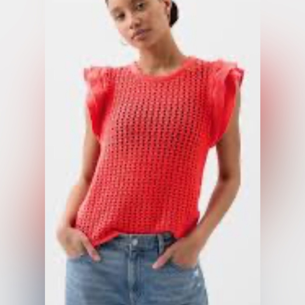 GAP Coral Open-Knit Flutter Sleeve Sweater